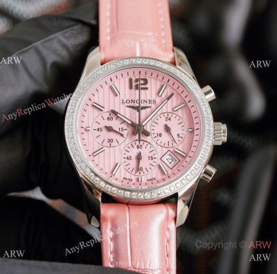 Copy Longines Conquest Classic Chronograph Watches Pink Dial Diamond-set